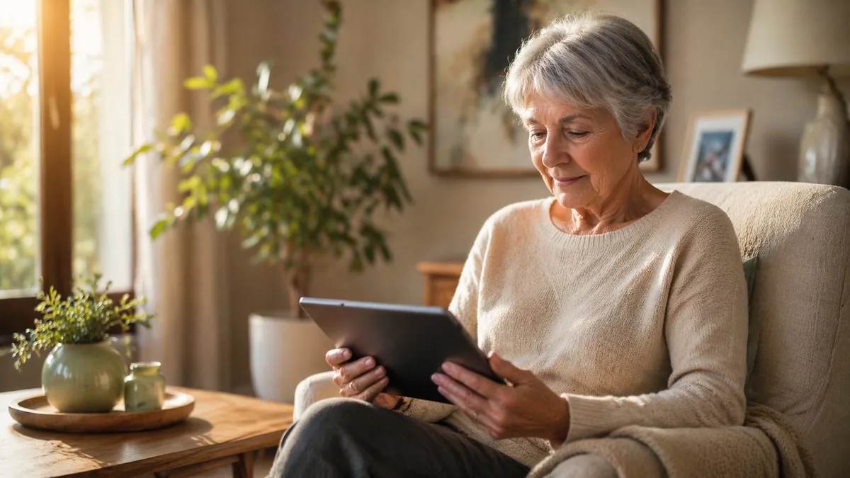 Personne âgée consultant un guide d'information sur une tablette