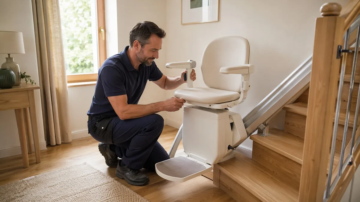Technicien agréé installant un monte-escalier chez un particulier